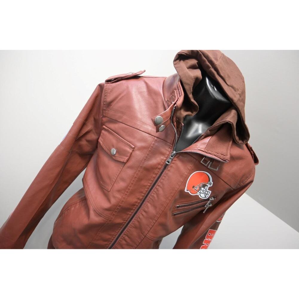 NFL‎ Cleveland Browns Pleather Military Cargo Jacket Hooded Mens Size Large - Picture 4 of 11